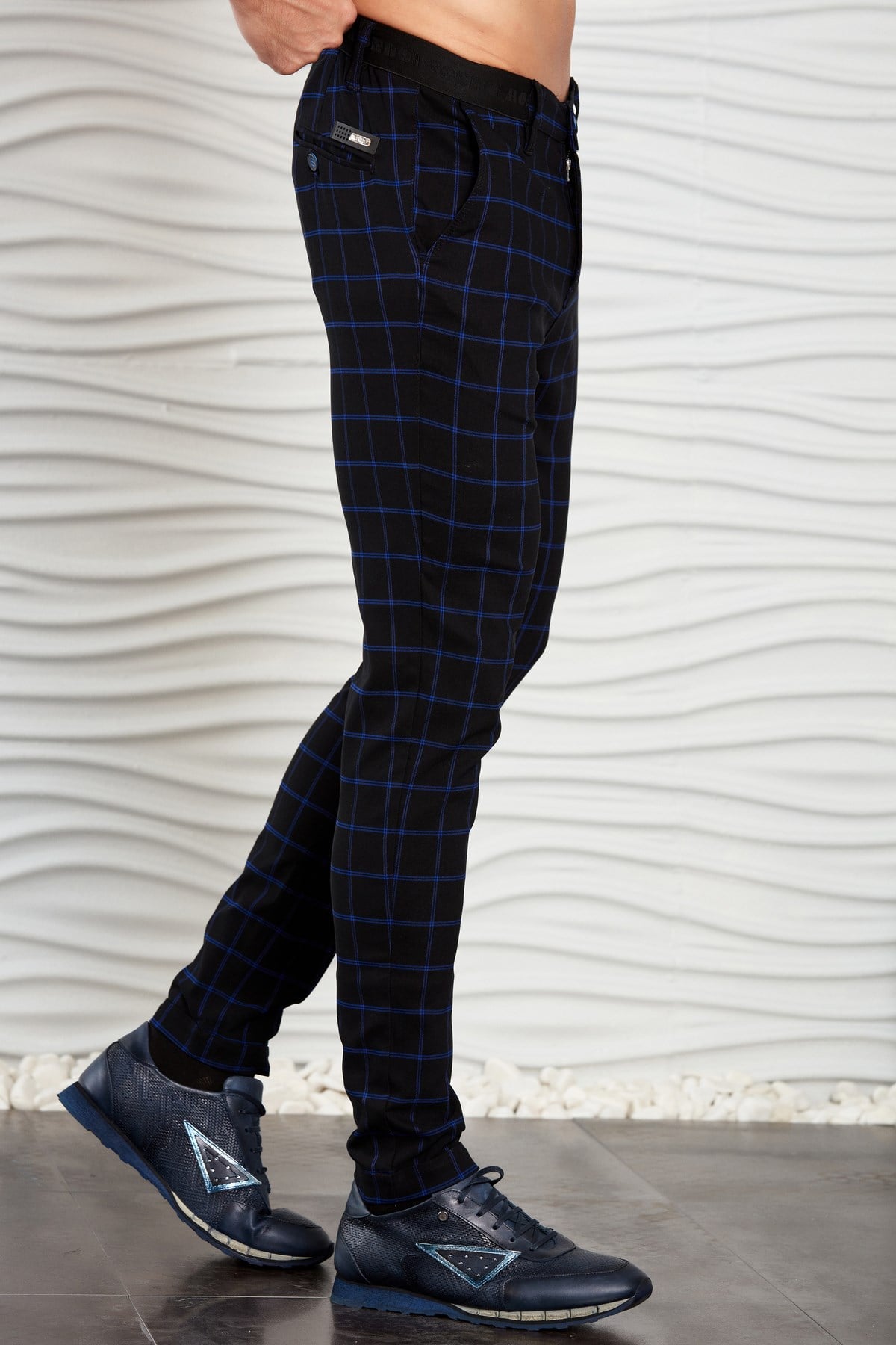Siyah-Saks Kareli Beli Lastikli Slim Fit Pantolon