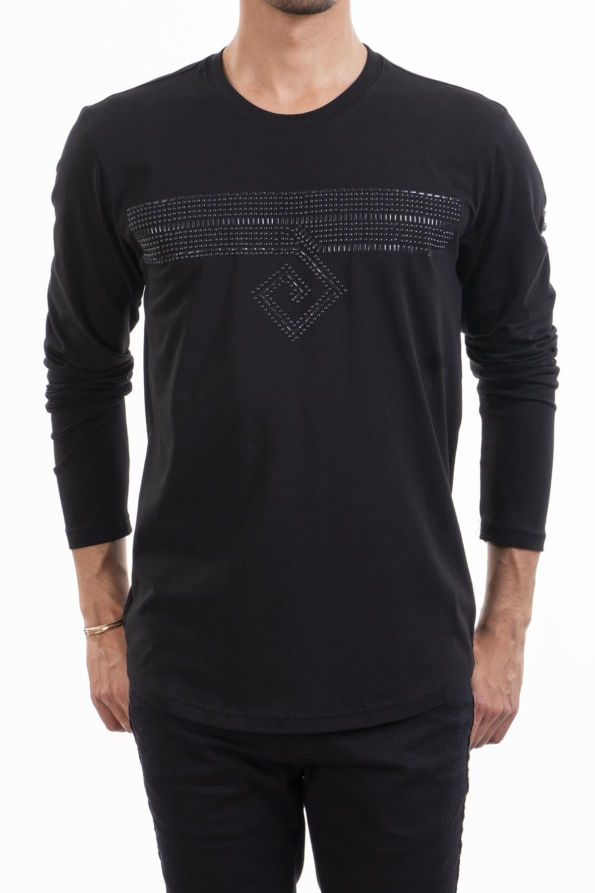 Siyah Taşlı Bisiklet Yaka Sweatshirt