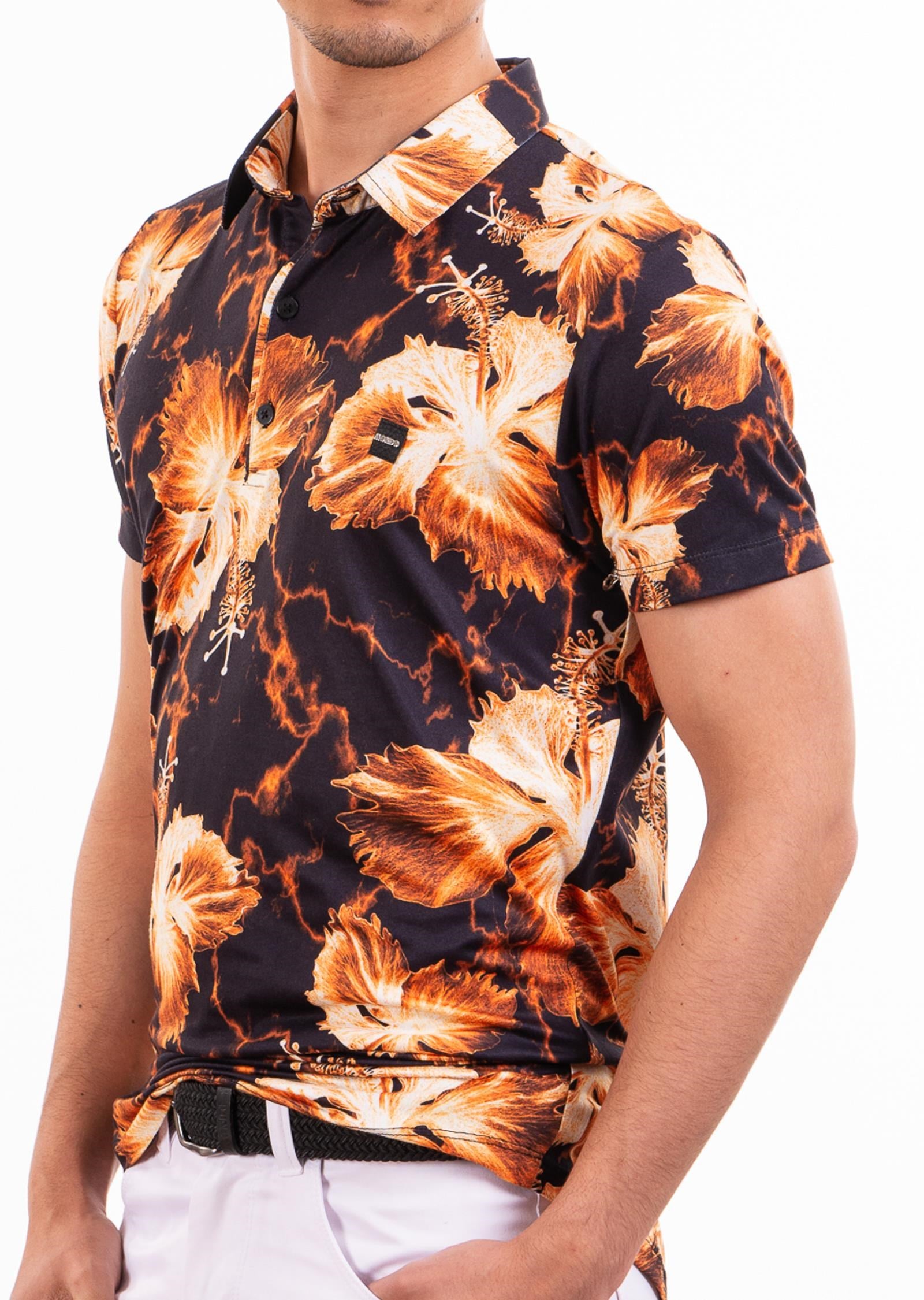 Siyah Turuncu Çiçek Desenli Polo Yaka T-Shirt