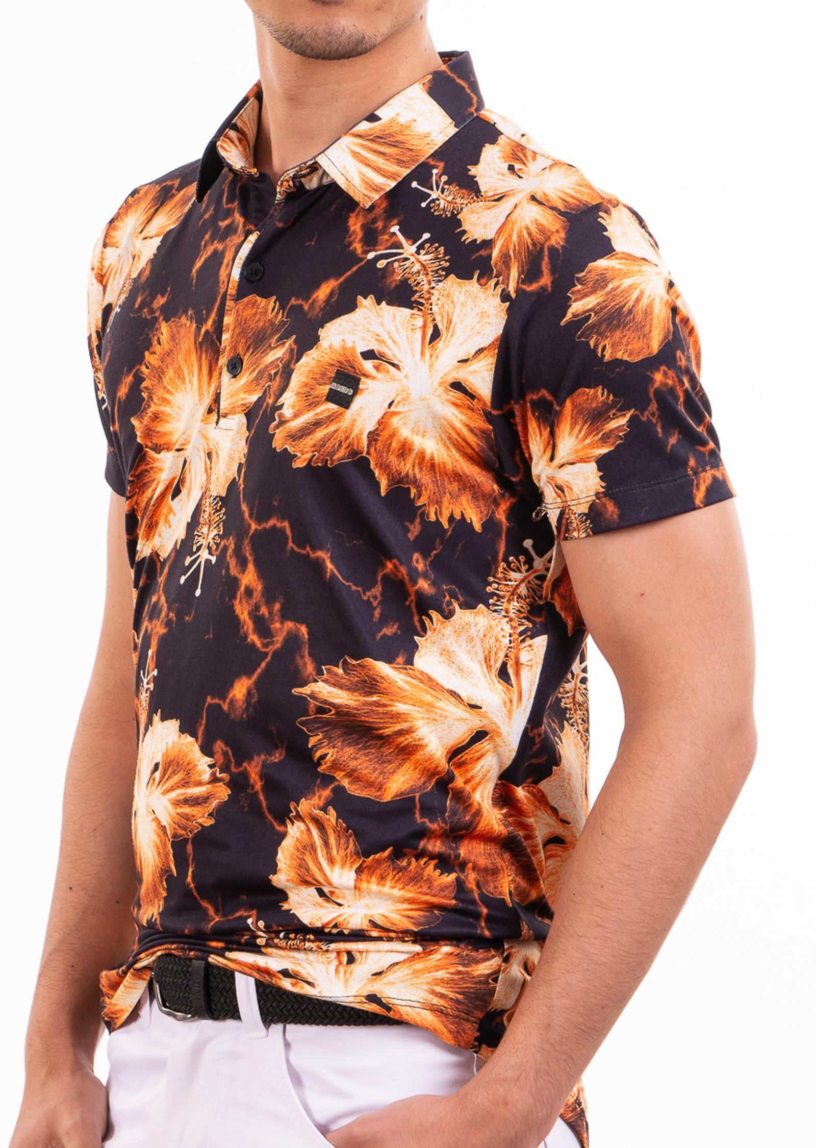 Siyah Turuncu Çiçek Desenli Polo Yaka T-Shirt