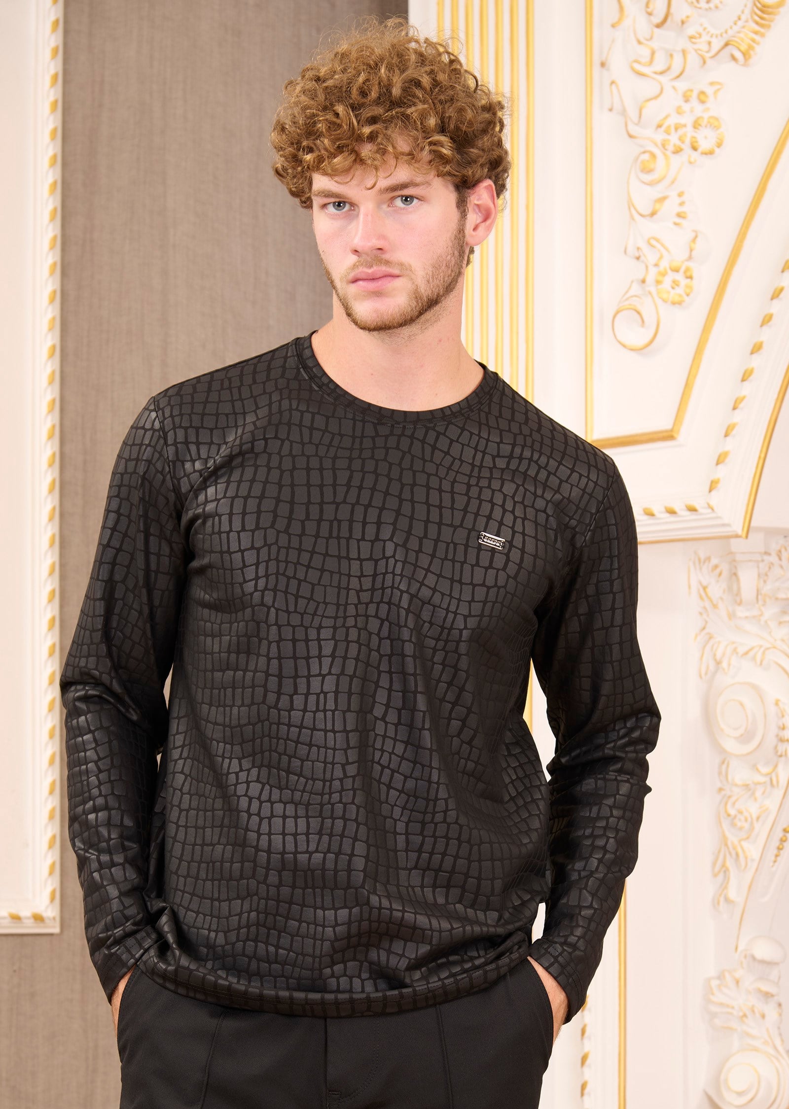 Siyah Yılan Desen Baskılı Pamuklu Sweatshirt