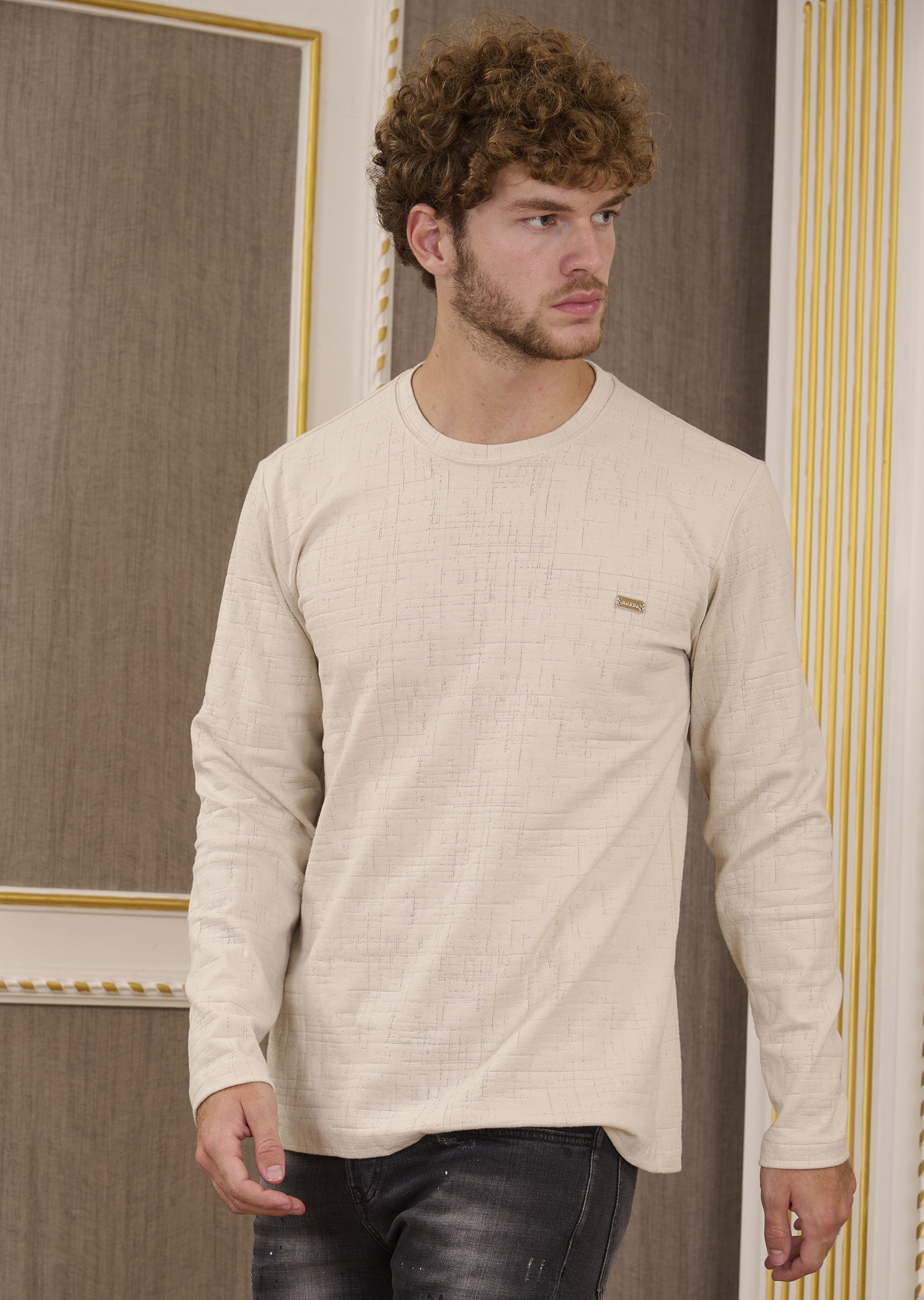 Taş Bisiklet Yaka Dokulu Pamuklu Jakarlı Sweatshirt