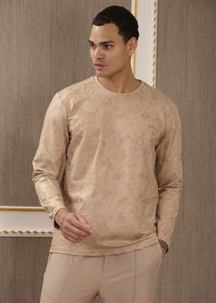 Bej Abstrakt  Desenli Pamuklu Sweatshirt