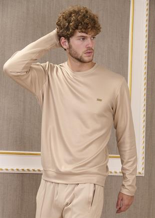 Bej Bisiklet Yaka Bi-Stretch Kare Baskılı İnterlok Sweatshirt
