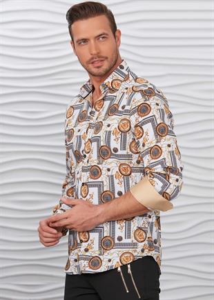 Beyaz-Gold Antik Desenli Gömlek