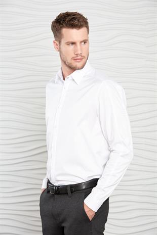 Beyaz Kolu Nervürlü Dokuma Gömlek