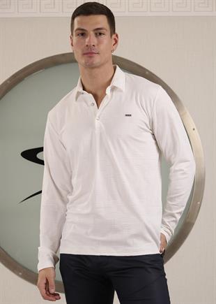 Beyaz Polo Yaka Pamuklu Jakarlı Sweatshirt