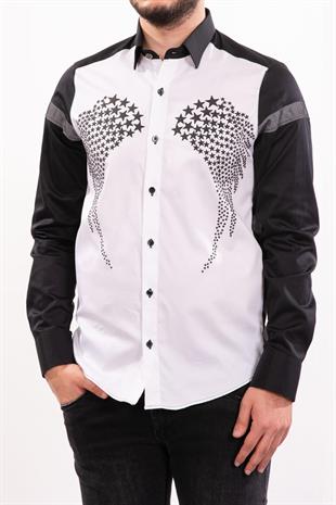 Beyaz-Siyah Göğsü Yıldız ve Kanat Desenli Gömlek