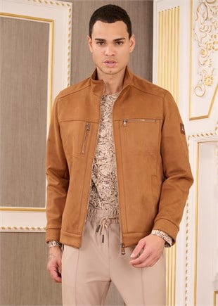 Camel Dik Yaka Fermuarlı Süet Mont
