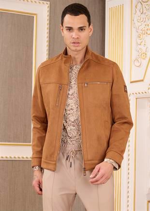 Camel Dik Yaka Fermuarlı Süet Mont