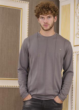Gri Bisiklet Yaka Bi-Stretch Nervurlu İnterlok Sweatshirt