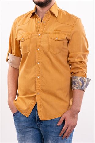 Hardal Manşetleri Desenli Gömlek