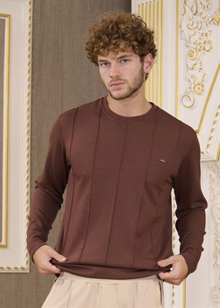 Kahve Bisiklet Yaka Bi-Stretch Nervurlu İnterlok Sweatshirt