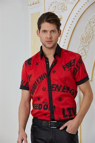 Kırmızı Baskılı Kısa Kol Gömlek