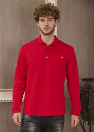 Kırmızı Polo Yaka Bi-Stretch Nervürlü İnterlok Sweatshirt