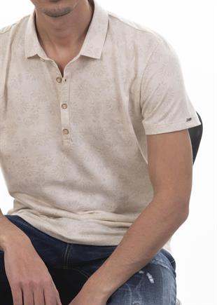 Krem Rengi Çiçek Desenli Polo Yaka T-Shirt