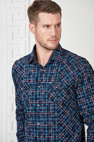 Lacivert Flok Baskılı Kareli Çift Cepli Gömlek