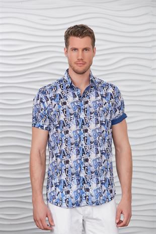 Mavi Harf Desenli Kısa Kol Gömlek