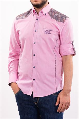 Pembe Omuzları Etnik Desen Garnili Göğsü Nakışlı Gömlek