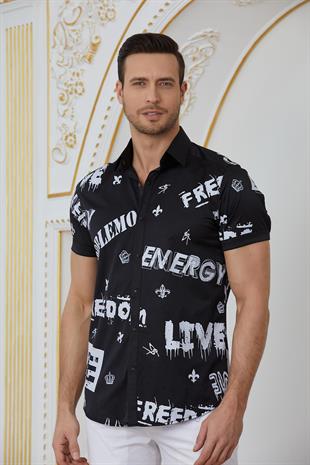 Siyah Baskılı Kısa Kol Gömlek