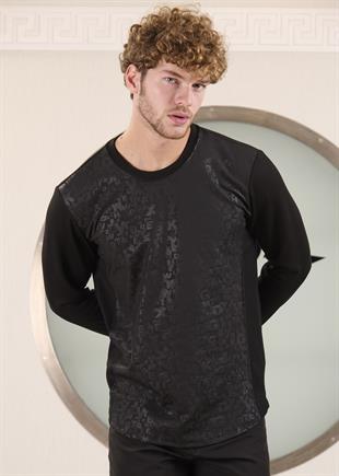 Siyah Bisiklet Yaka Bi-Stretch Harf Baskılı İnterlok Sweatshirt