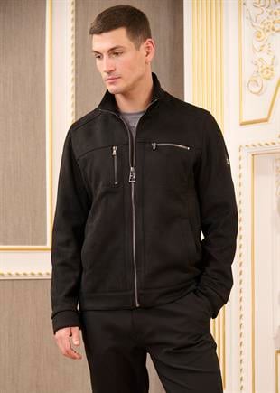 Siyah Dik Yaka Fermuarlı Süet Mont