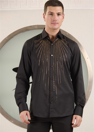 Siyah Gold Parıltı Taşlı Gömlek