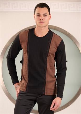 Siyah Kahve Dikiş Detaylı Pamuklu Jakarlı Sweatshirt