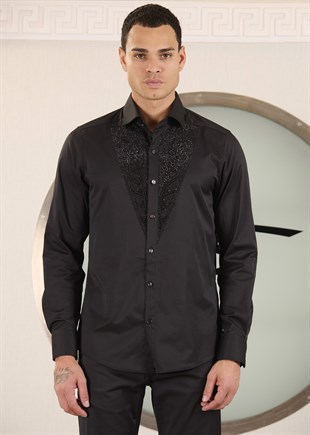 Siyah Ön Paneli Tonaj Taşlı Gömlek