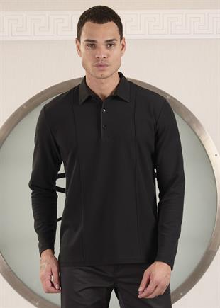 Siyah Polo Yaka Nervürlü Örme Sweatshirt