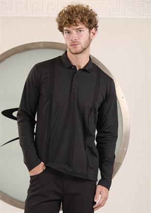 Siyah Polo Yaka Nervürlü Şardonlu Dalgıç Sweatshirt