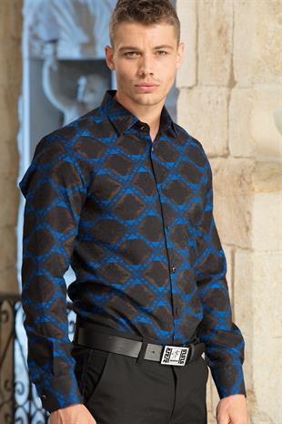 Yakma Kumaş Saks Desenli Siyah Gömlek