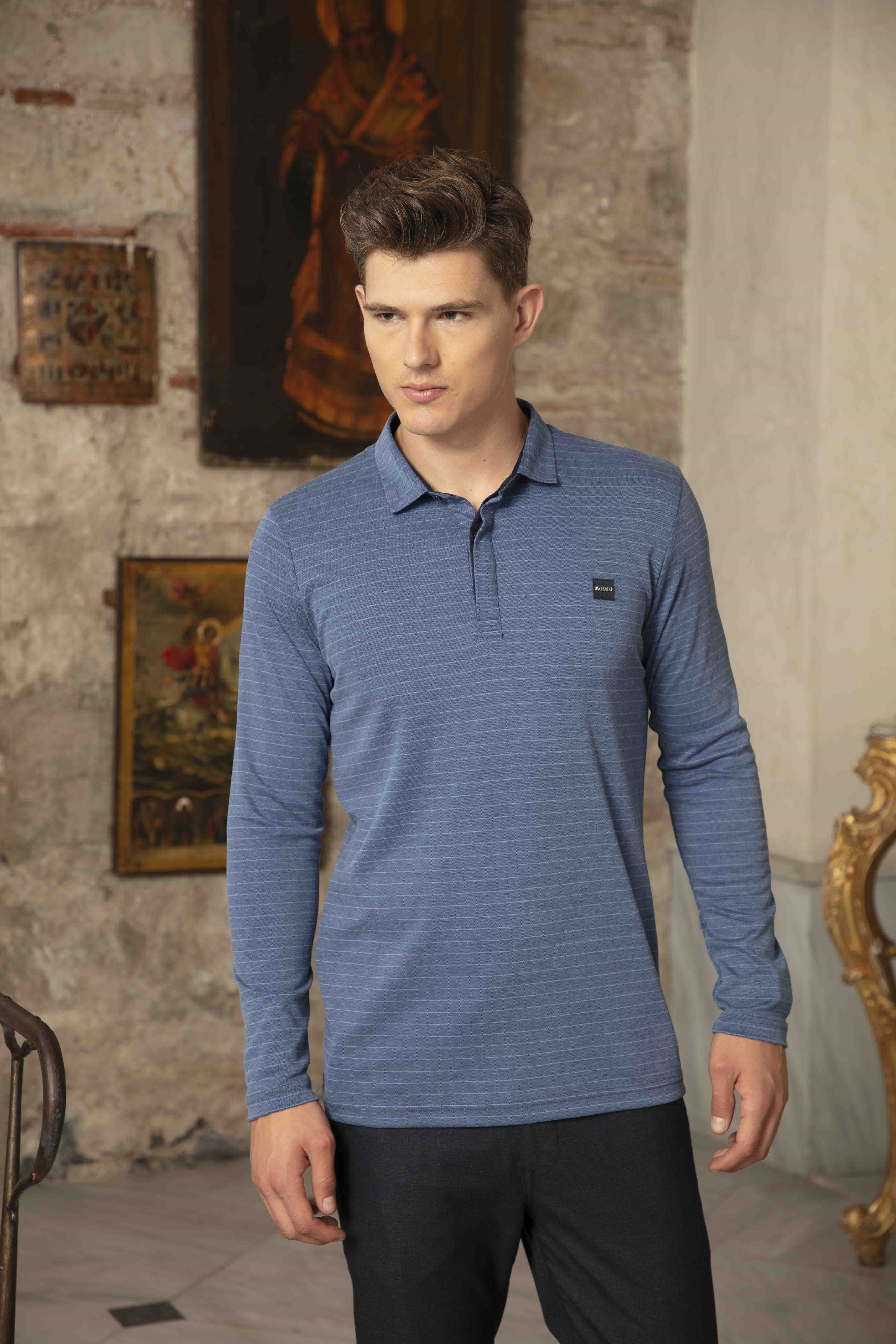 Çizgili Polo Yaka Lacivert Sweatshirt
