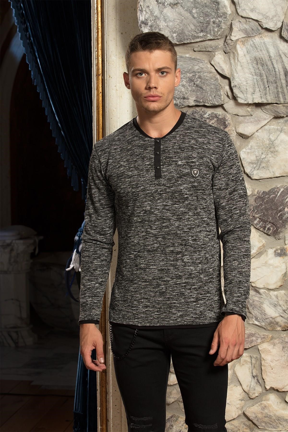 Kirli Yakalı Gri Örme Sweatshirt