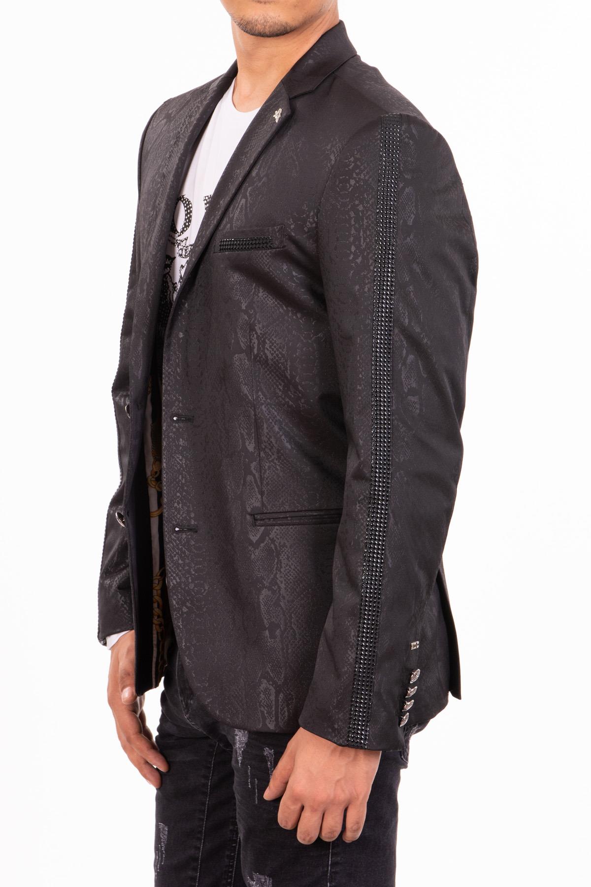 Siyah yılan derisi taş detaylı ceket | Mondo.com.tr