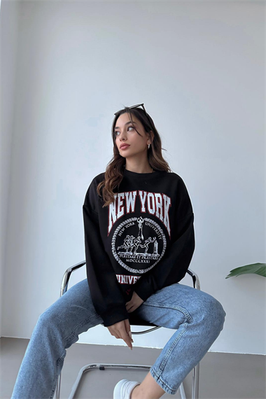 New York Baskılı Oversize Sweatshirt