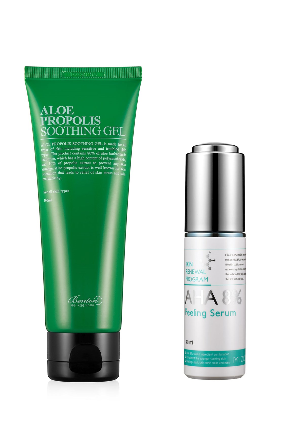 Benton Aloe Propolis Soothing Gel & Mizon AHA 8% Peeling Serum | Justin  Beauty