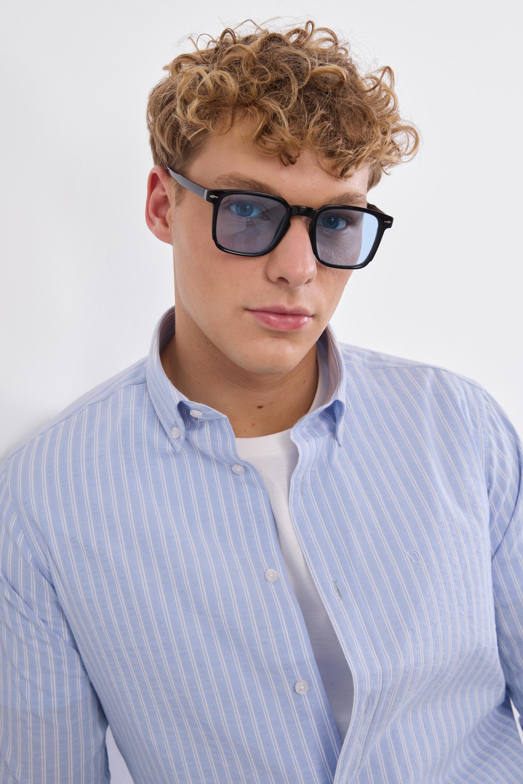 Erkek Slim Fit Düğmeli Yaka Uzun Kol Mavi Gömlek