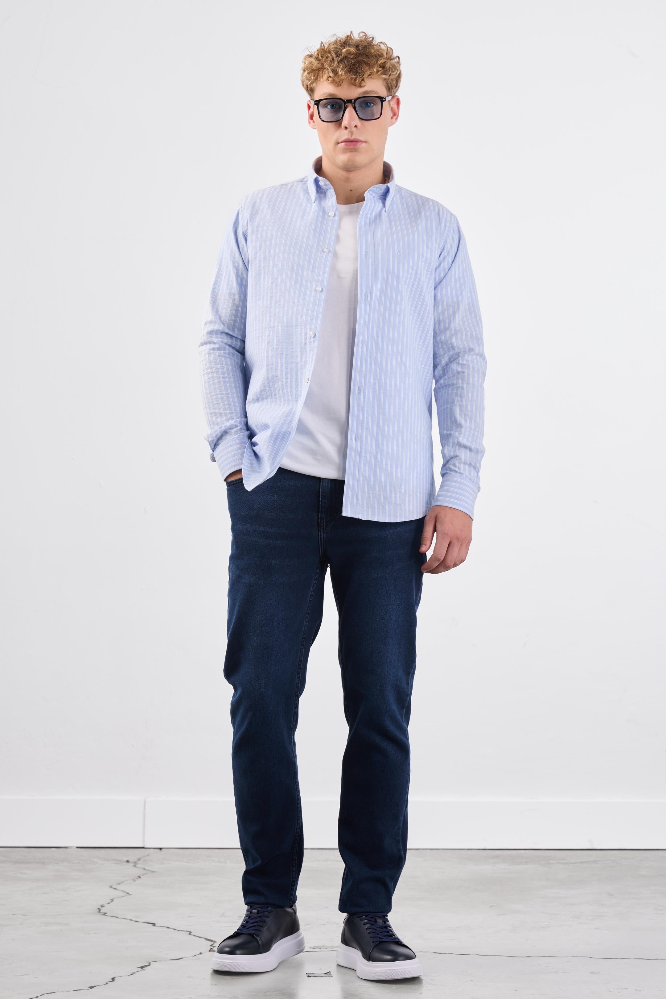 Erkek Slim Fit Düğmeli Yaka Uzun Kol Mavi Gömlek
