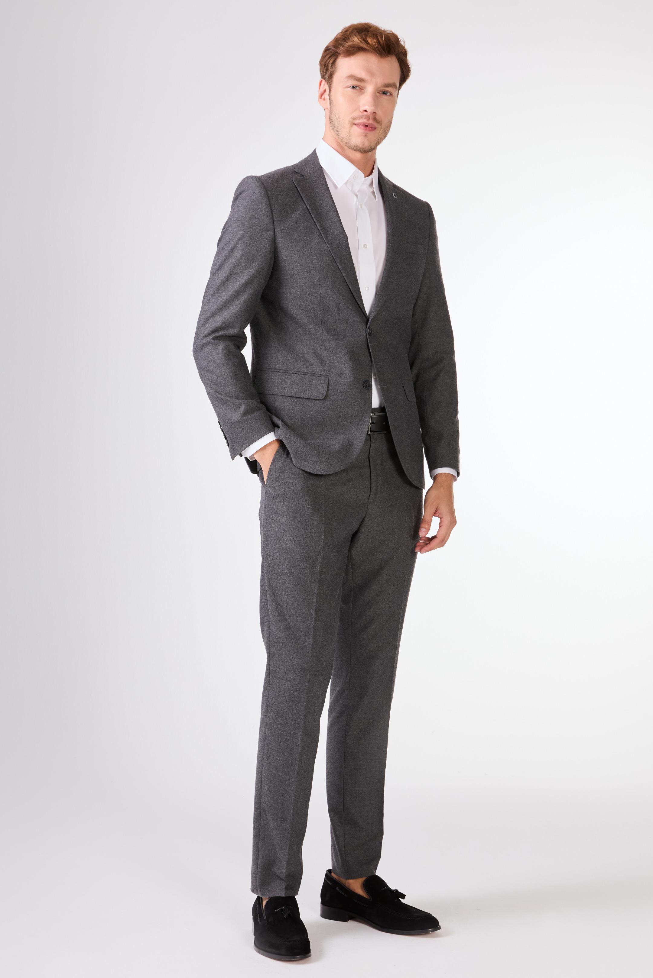 Erkek Slim Fit Mono Yaka Koyu Gri Takım Elbise