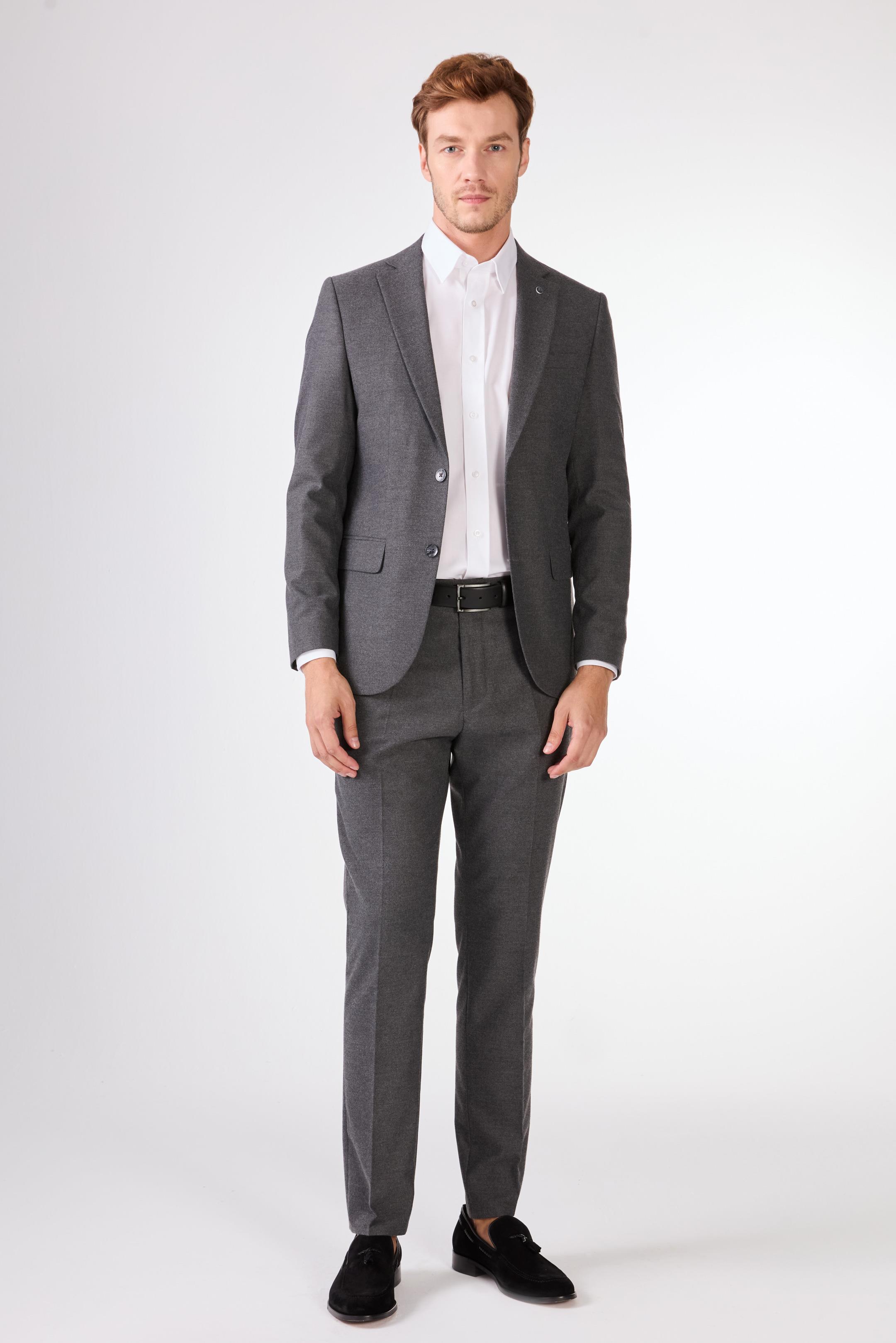 Erkek Slim Fit Mono Yaka Koyu Gri Takım Elbise