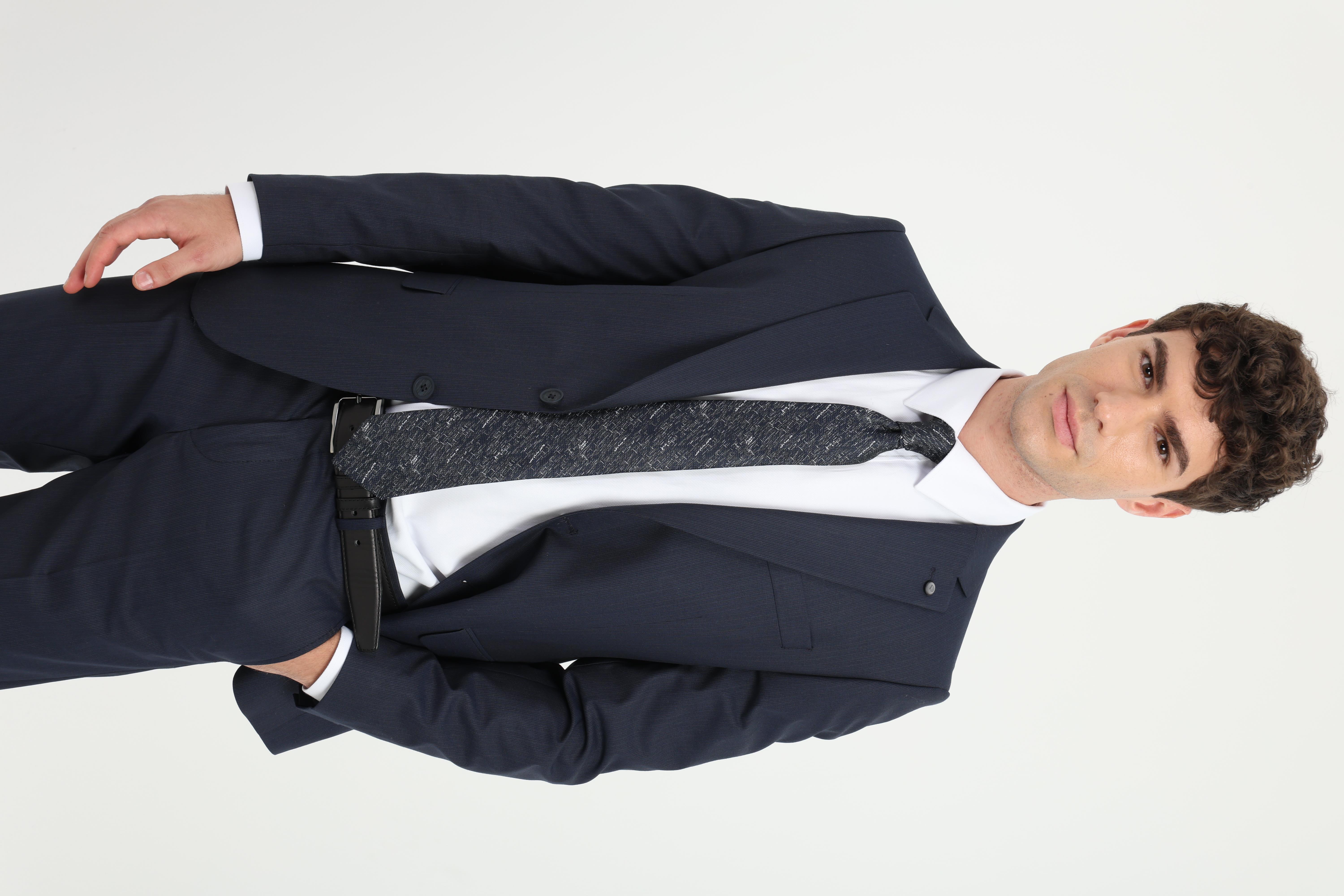 Erkek Slim Fit Mono Yaka Lacivert Armürlü Takım Elbise