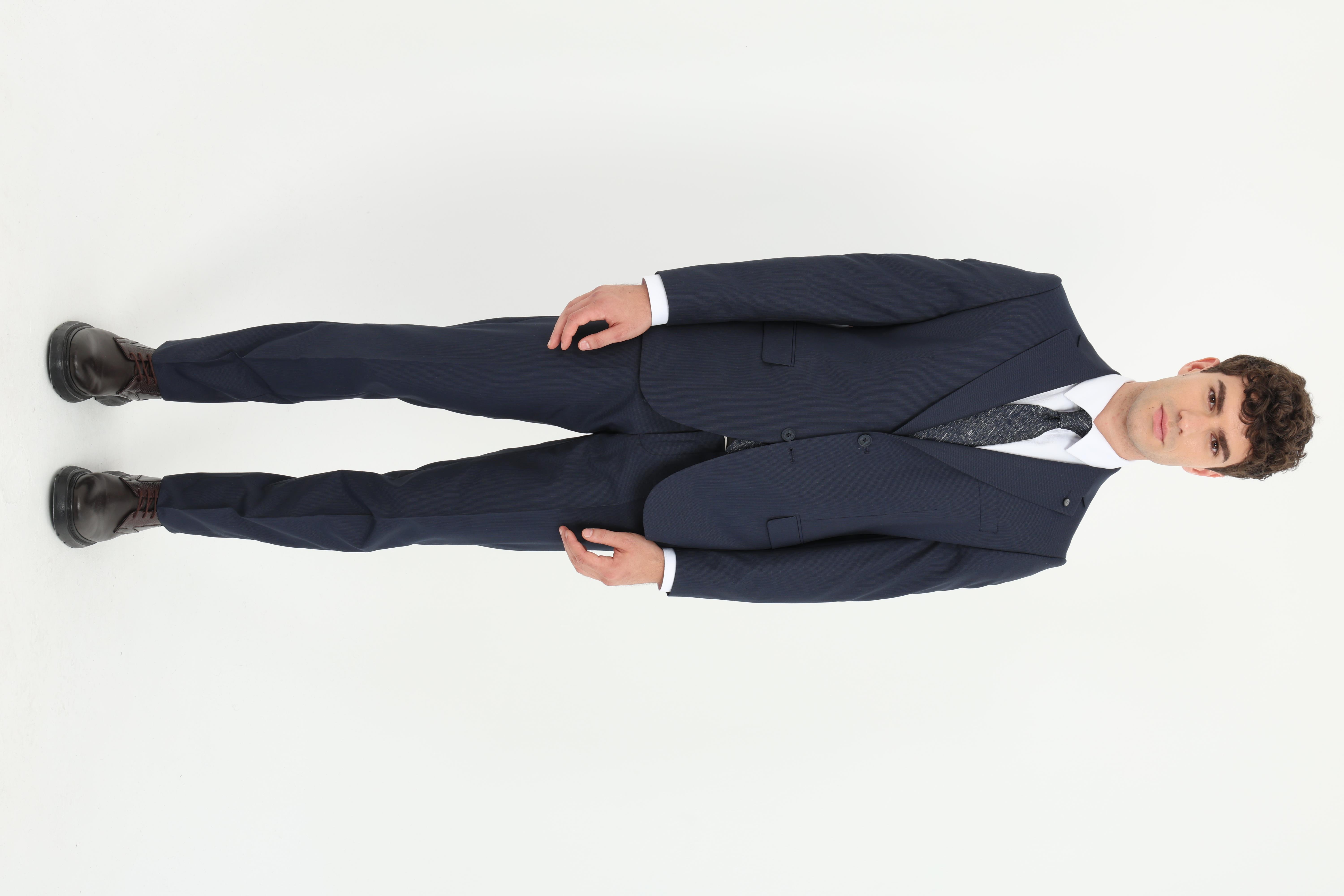 Erkek Slim Fit Mono Yaka Lacivert Armürlü Takım Elbise