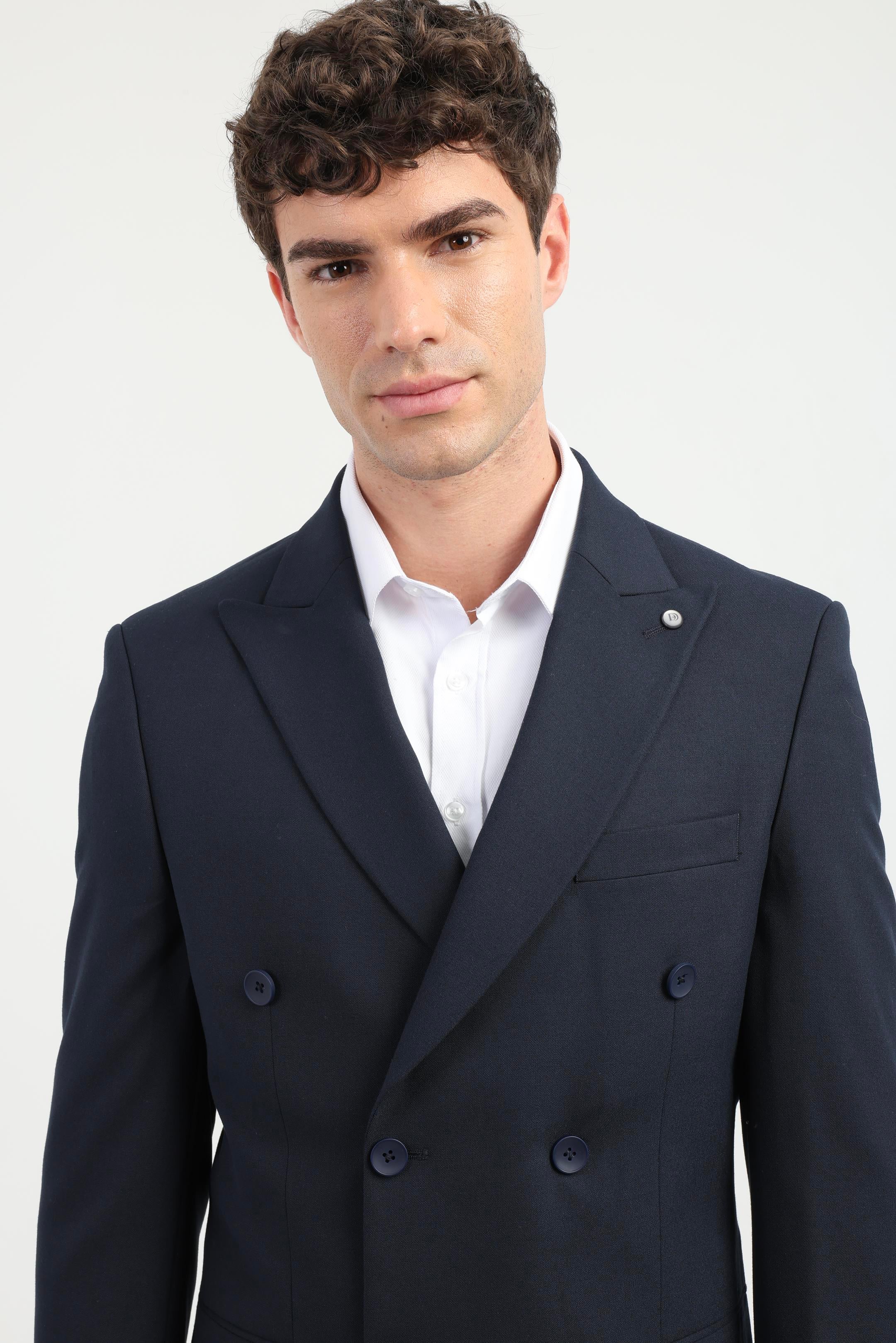 Erkek Slim Fit Sivri Yaka Lacivert Takım Elbise