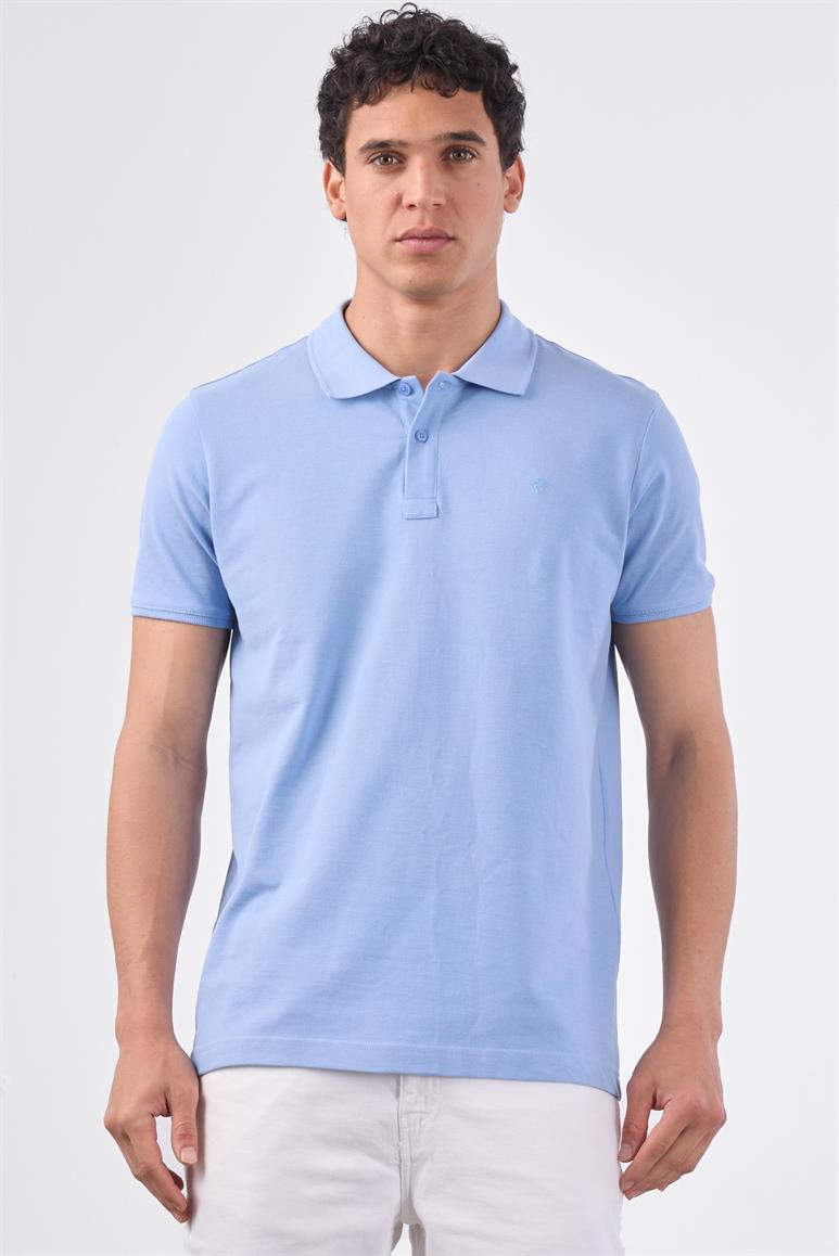 Açık Mavi Polo Yaka Pamuklu Düz Renk Slim Fit Erkek T-shirt