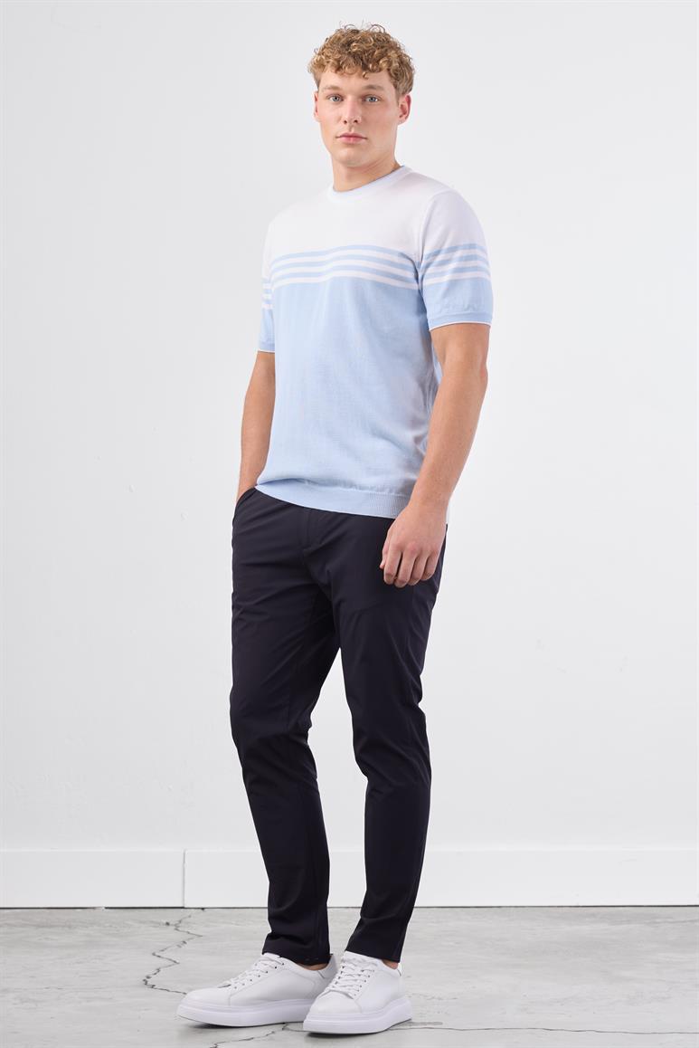 Açık Mavi Çizgili Desen Kısa Kol Slim Fit Erkek Triko