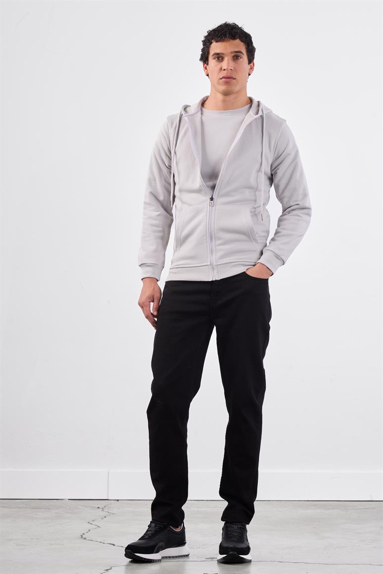 Açık Gri Fermuar Kapamalı Kapüşonlu Erkek Regular Fit Sweatshirt