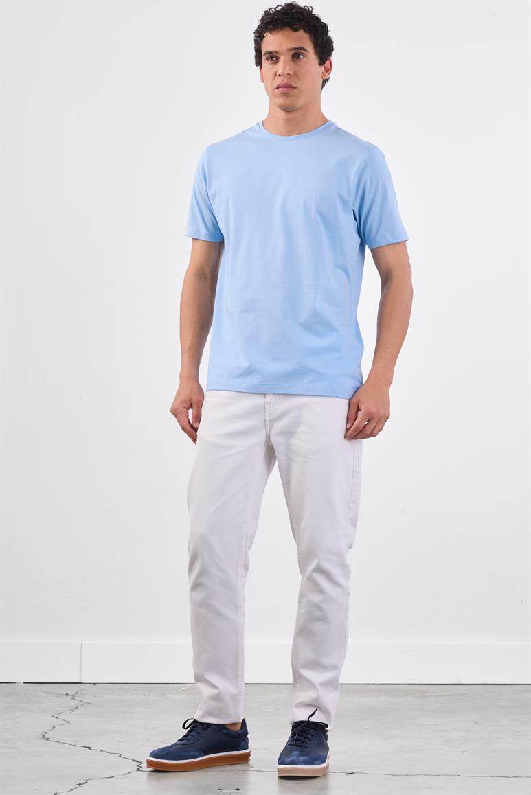 Açık Mavi Bisiklet Yaka Pamuklu Düz Renk Slim Fit Erkek T-shirt