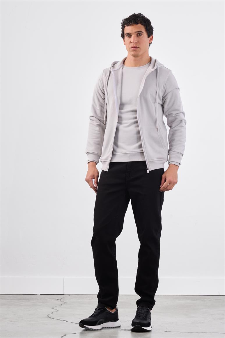 Açık Gri Fermuar Kapamalı Kapüşonlu Erkek Regular Fit Sweatshirt