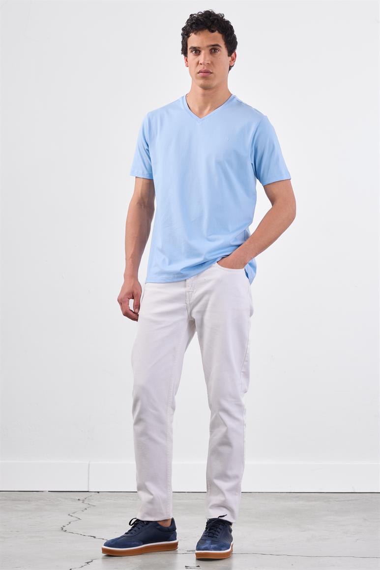 Açık Mavi V Yaka Pamuklu Düz Renk Slim Fit Erkek T-shirt